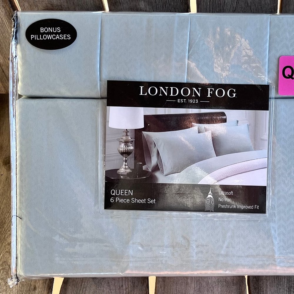 6-pc London Fog QUEEN SIZE Sheet Set - subtle SAGE GREEN CHEVRON pattern